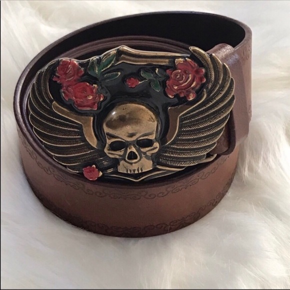 Nine West Accessories - Nine West Brown Roses Skull 100% Leather Belt Sz M